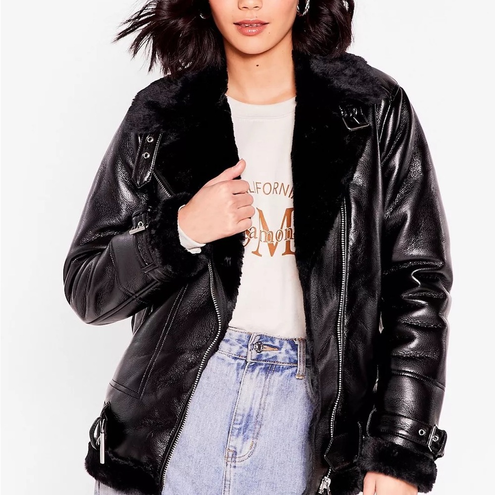 NastyGal See You Aviator High Shine Faux Leather Jacket